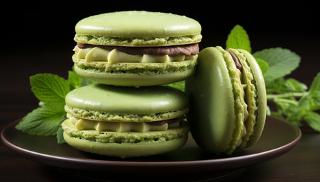 Gourmet macaroon stack, fresh chocolate sandwich on homemade French biscuit generated by artificial intelligenceの素材