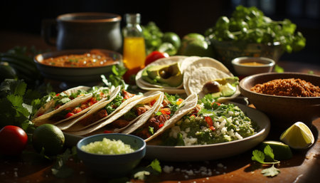Freshness and spice in a Mexican meal guacamole, taco, cilantro generated by artificial intelligenceの素材