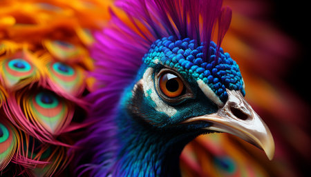 Majestic peacock displays vibrant colors, elegance, and beauty in nature generated by artificial intelligenceの素材
