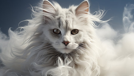 Cute domestic cat, fluffy fur, whiskers, looking at camera, playful generated by artificial intelligenceの素材