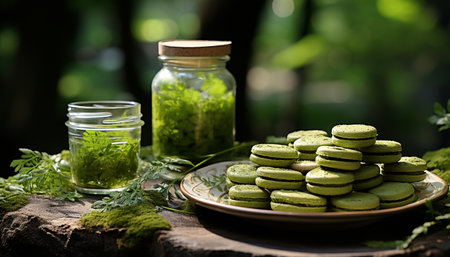 Freshness of nature dessert on a green gourmet table, homemade snack generated by artificial intelligenceの素材