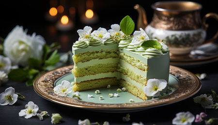 Sweet food, chocolate cream, flower decoration, fresh fruit, homemade cake generated by artificial intelligenceの素材