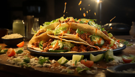 A gourmet Mexican meal grilled beef, fresh vegetables, homemade tortilla generated by artificial intelligenceの素材