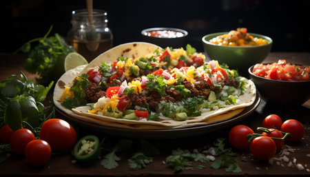 Freshness on a plate tomato, meat, guacamole, salad, cilantro, avocado generated by artificial intelligenceの素材