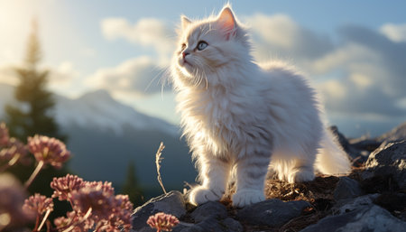 Cute kitten sitting on grass, playful in summer sunlight generated by artificial intelligenceの素材