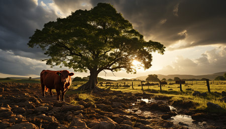 Sunset over a rural farm, cows grazing in a meadow generated by artificial intelligenceの素材
