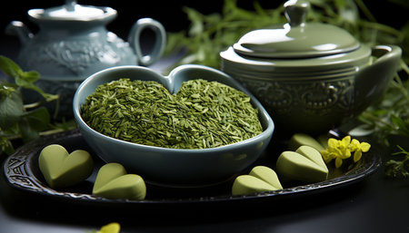 Fresh green tea in a leaf shaped bowl, nature healthy drink generated by artificial intelligenceの素材