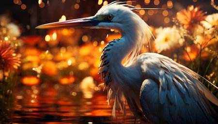 Egret fishing in tranquil pond, illuminated by glowing sunset generated by artificial intelligenceの素材