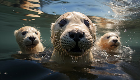 Cute seal pup swimming underwater, playful with fish, natural beauty generated by artificial intelligenceの素材