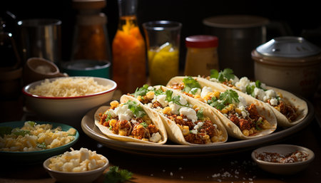 A savory taco meal with beef, guacamole, and fresh cilantro generated by artificial intelligenceの素材