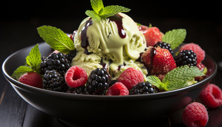 Raspberry dessert, mint leaf, gourmet, sweet food, healthy eating, summer snack, organic ice cream, refreshing nature, indulgence, vegetarian variation generated by artificial intelligenceの素材
