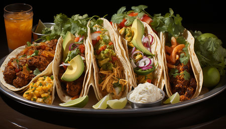 Freshness and spice in a Mexican culture, a gourmet taco meal generated by artificial intelligenceの素材