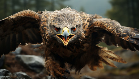 Majestic bird of prey, fierce hunter, spread wings in motion generated by artificial intelligenceの素材