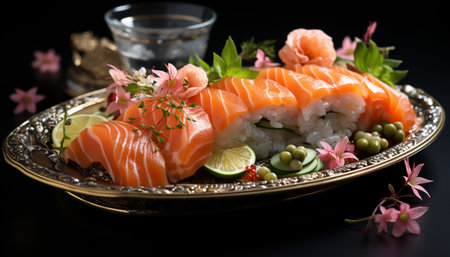 Freshness on a plate Sashimi, nigiri, maki sushi, seafood delight generated by artificial intelligenceの素材