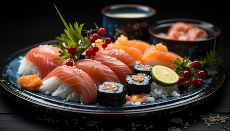 Freshness and cultures on a plate, sashimi and maki sushi generated by artificial intelligenceの素材