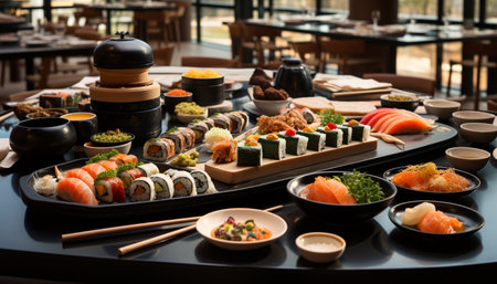 Fresh seafood meal, a gourmet plate of Japanese culture sashimi variation generated by artificial intelligenceの素材