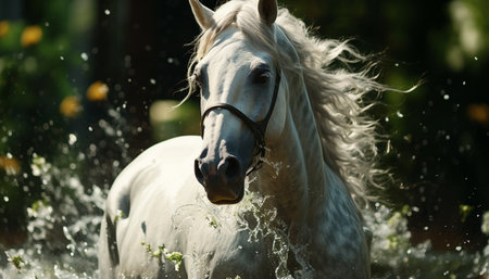 Running stallion in a green meadow, beauty in nature motion generated by artificial intelligenceの素材