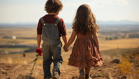 Smiling couple enjoying autumn sunset, holding hands in rural beauty generated by artificial intelligence