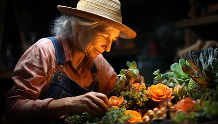 A smiling man holding fresh flowers in a small flower shop generated by artificial intelligenceの素材