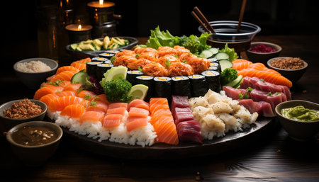 Freshness and cultures on a plate, seafood and rice meal generated by artificial intelligenceの素材