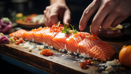 Freshness and gourmet sashimi, a slice of salmon on a wooden plate generated by artificial intelligenceの素材
