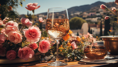 A romantic summer celebration with wine, flowers, and elegance generated by artificial intelligenceの素材