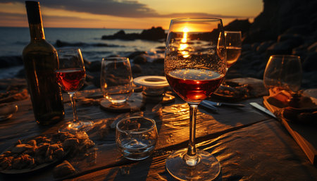 Alcohol with wine and drink, drinking glass, table, wineglass, sunset, celebration, bottle, bar generated by artificial intelligenceの素材