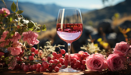 Wineglass on table, nature bouquet, celebrating summer elegance and relaxation generated by artificial intelligenceの素材