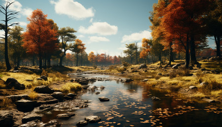 Tranquil autumn forest, vibrant colors reflect on tranquil pond generated by artificial intelligenceの素材