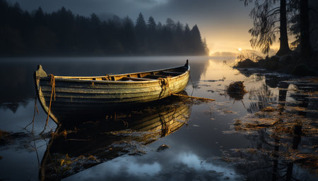 Tranquil scene abandoned rowboat reflects beauty in nature tranquil sunset generated by artificial intelligenceの素材