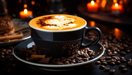 Aromatic coffee cup, frothy drink, dark bean, scented relaxation generated by artificial intelligenceの素材