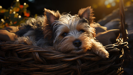 Cute puppy sitting on grass, looking at camera with playful nature generated by artificial intelligenceの素材