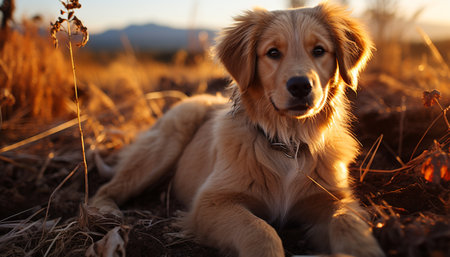 A cute puppy sitting in the grass, looking at the sunset generated by artificial intelligenceの素材