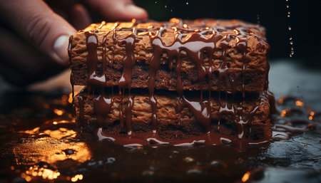Homemade dark chocolate brownie, a sweet indulgence on wooden table generated by artificial intelligenceの素材