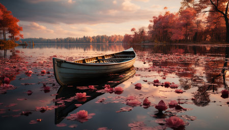 Tranquil scene of a sunset on a pond, reflecting nature beauty generated by artificial intelligenceの素材