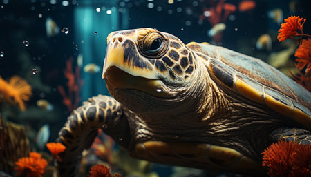 A cute turtle swimming in the underwater reef, slow and small generated by artificial intelligenceの素材