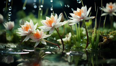 A tranquil scene of a single lotus flower in a pond generated by artificial intelligenceの素材