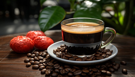 Freshness in a cup, a gourmet coffee break in nature generated by artificial intelligenceの素材