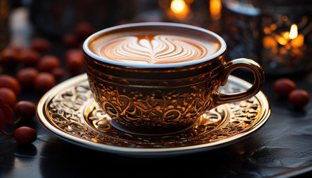 Aromatic coffee cup on wooden table, a symbol of relaxation generated by artificial intelligenceの素材