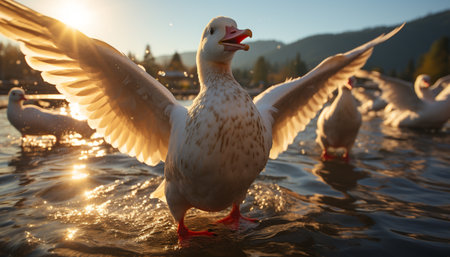 Duck flying over pond, reflecting sunset beauty in nature generated by artificial intelligenceの素材