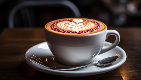 Aromatic coffee, frothy cappuccino, love in a heart shaped mug generated by artificial intelligenceの素材