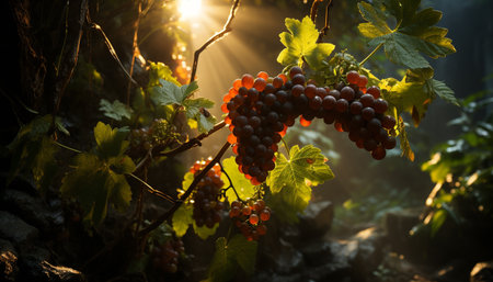 Grape leaf, autumn fruit, freshness in vineyard, green growth, ripe winemaking generated by artificial intelligenceの素材