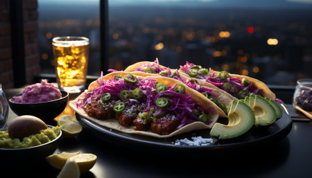 Grilled beef, fresh guacamole, and healthy vegetable salad on plate generated by artificial intelligenceの素材