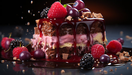Freshness and indulgence on a plate, homemade berry cheesecake slice generated by artificial intellingenceの素材