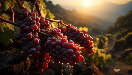 Grape vineyard, ripe fruit, autumn harvest, organic winery, refreshing wine generated by artificial intelligenceの素材