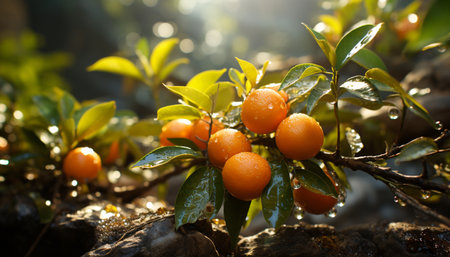 Freshness of nature: ripe citrus fruit, green leaves, healthy eating generated by artificial intelligenceの素材