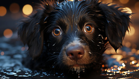 Cute puppy sitting in the rain, looking at the camera generated by artificial intelligenceの素材
