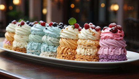 Freshness and sweetness on a plate, a homemade gourmet indulgence generated by artificial intelligenceの素材