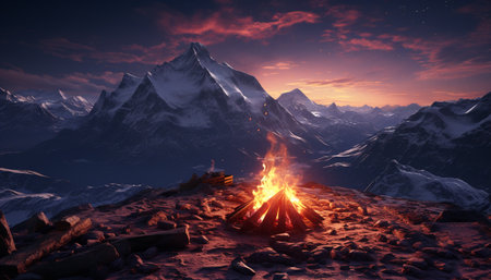 Mountain peak burning, flame dances in nature fiery landscape generated by artificial intelligenceの素材