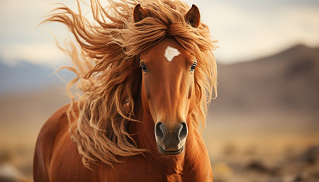 Majestic stallion grazes freely in tranquil meadow at sunset generated by artificial intelligenceの素材